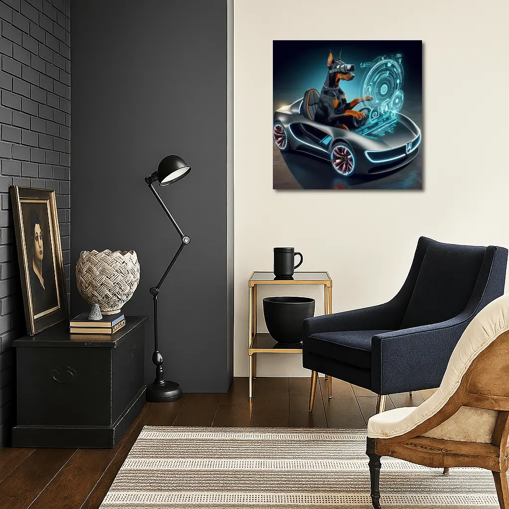 Doberman Pinscher Driving Futuristic Sports Car – Wall Art