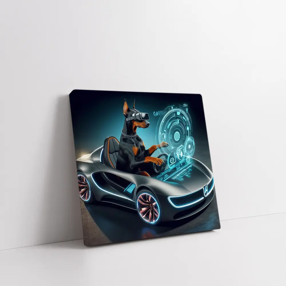 Doberman Pinscher Driving Futuristic Sports Car – Wall Art