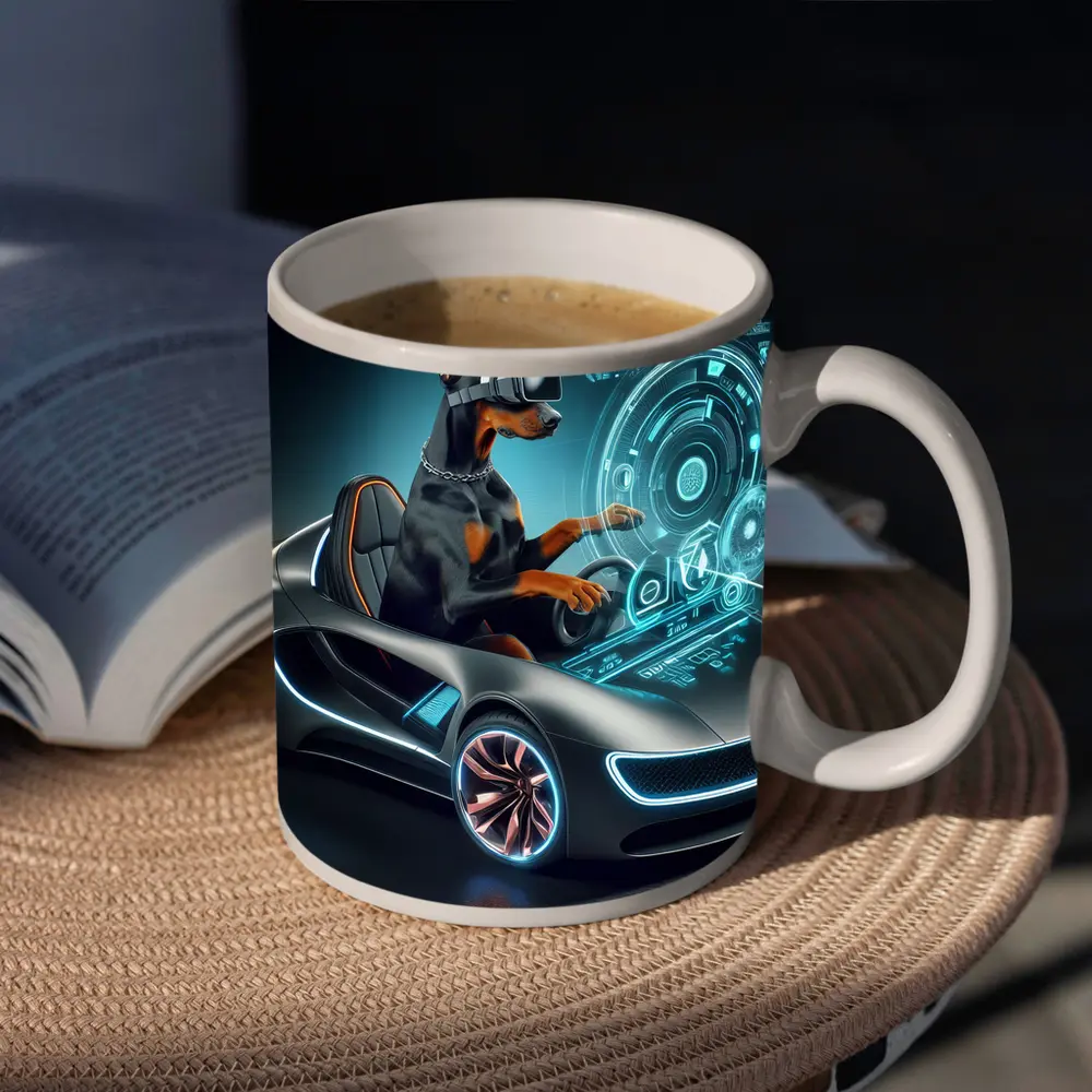 Doberman Pinscher Driving Futuristic Sports Car – Mugs