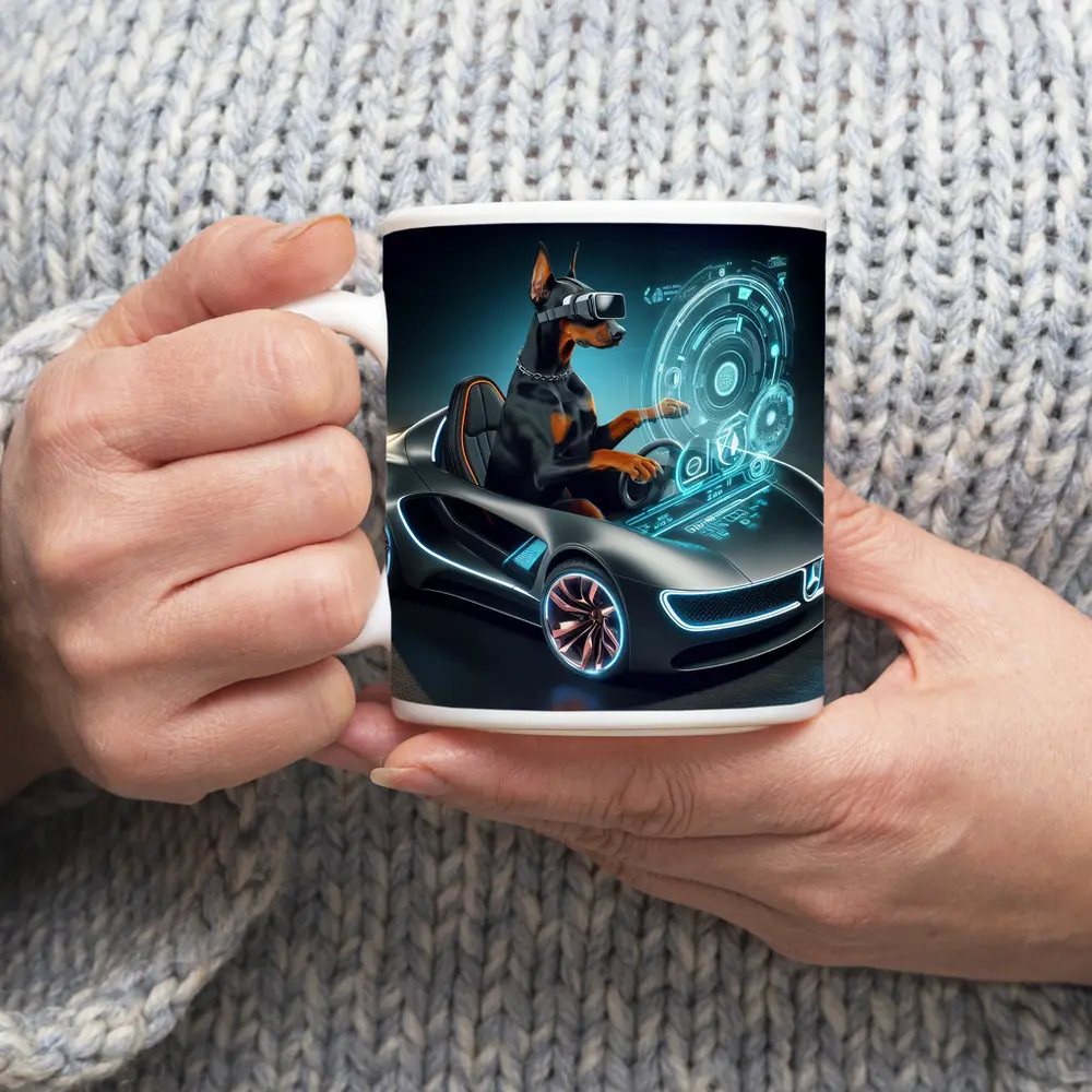 Doberman Pinscher Driving Futuristic Sports Car – Mugs