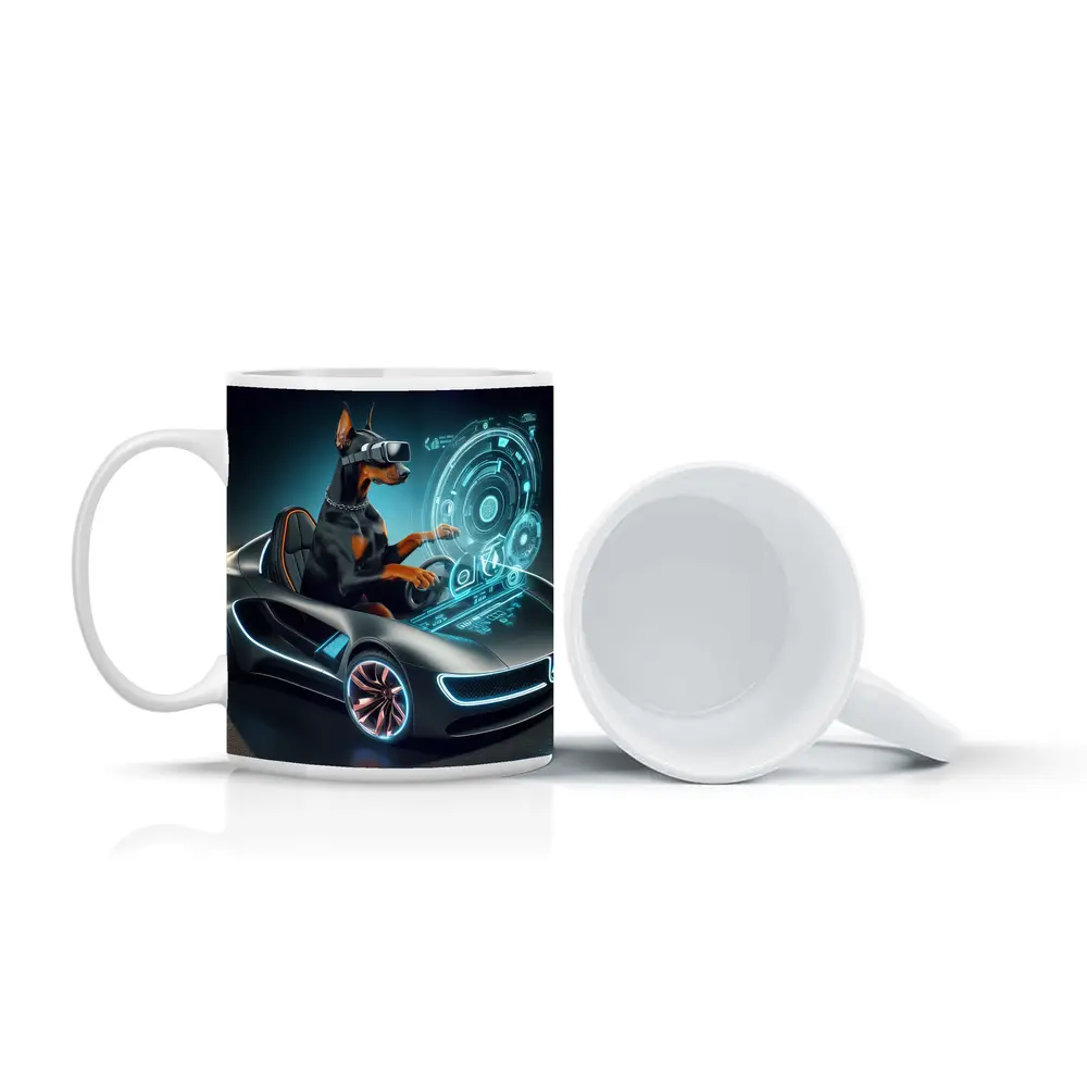 Doberman Pinscher Driving Futuristic Sports Car – Mugs