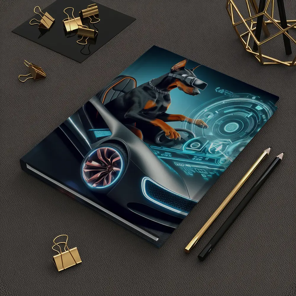 Doberman Pinscher Driving Futuristic Sports Car – Notebooks