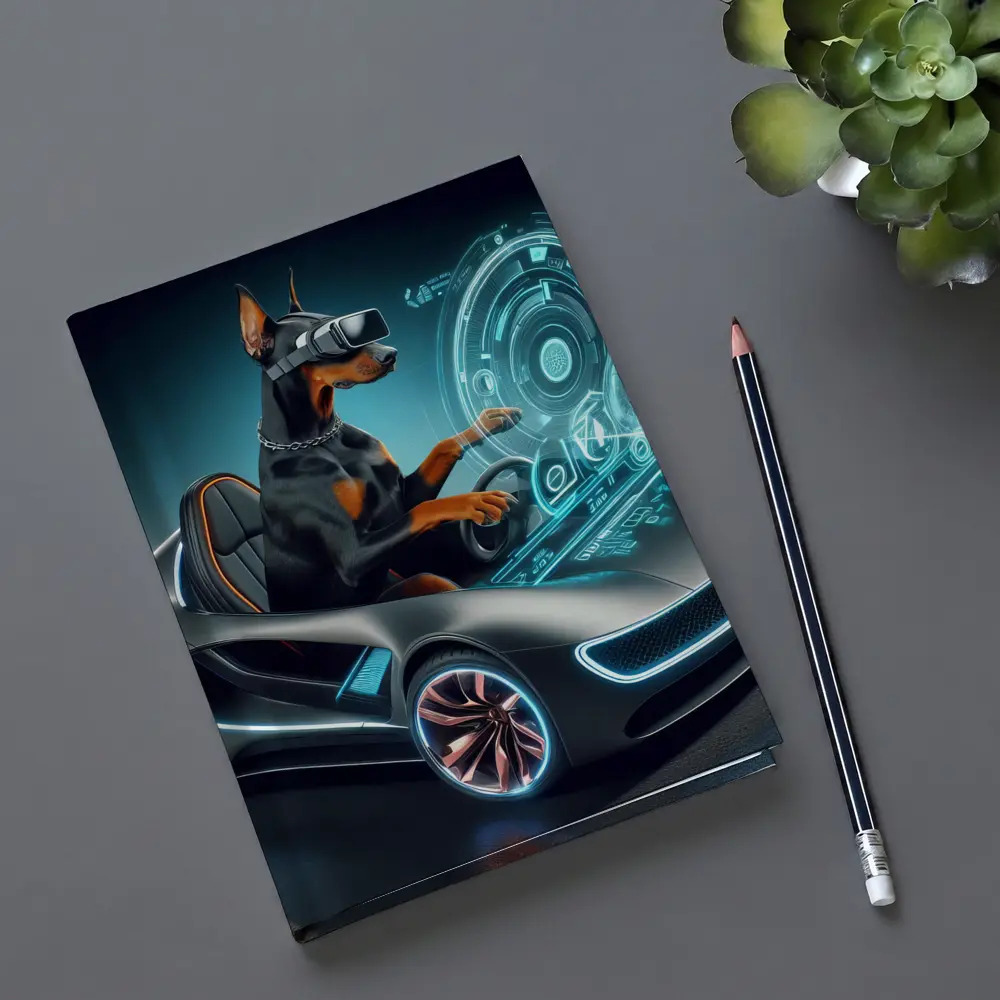 Doberman Pinscher Driving Futuristic Sports Car – Notebooks