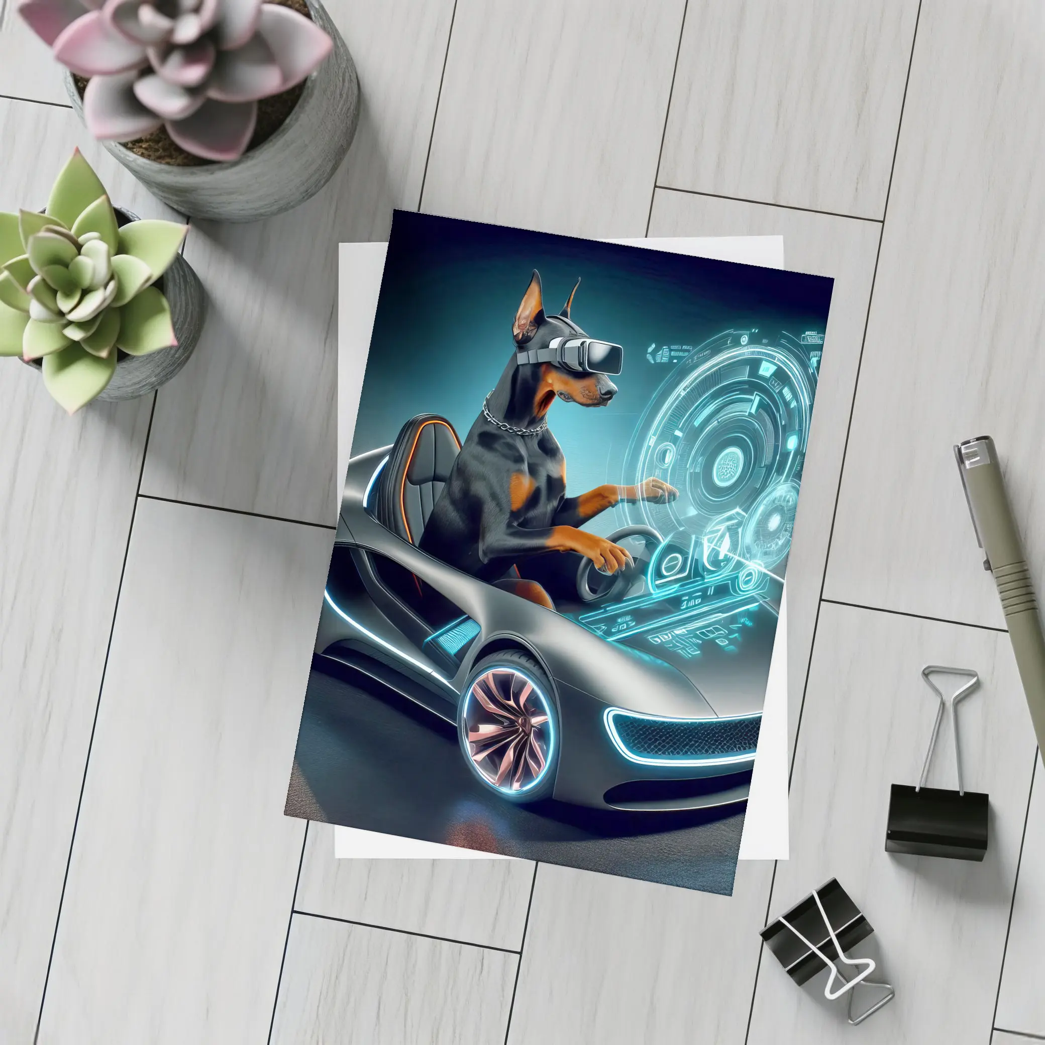 Doberman Pinscher Driving Futuristic Sports Car – Postcards