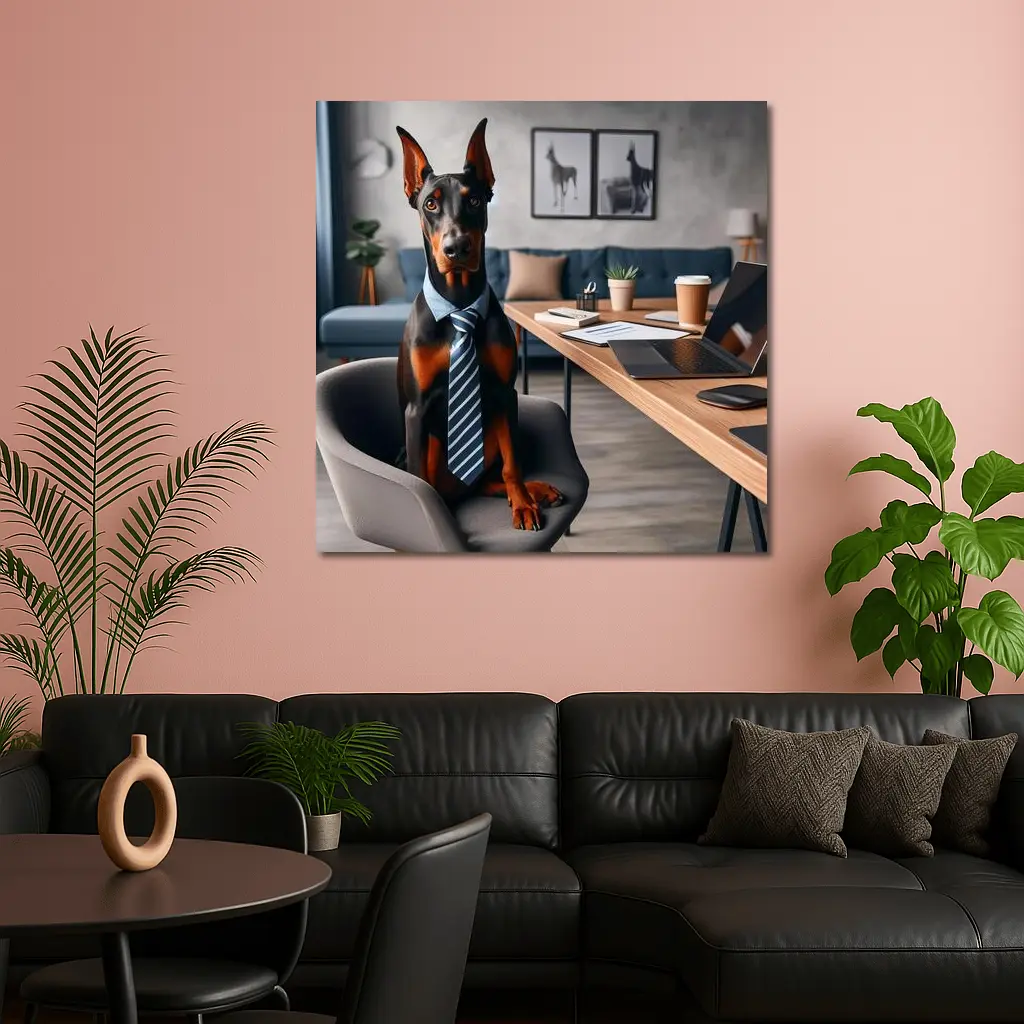 Doberman Pinscher Wearing Tie Office Setting – Wall Art
