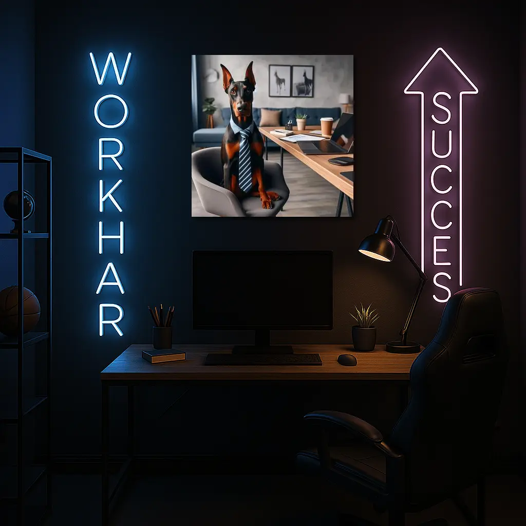 Doberman Pinscher Wearing Tie Office Setting – Wall Art