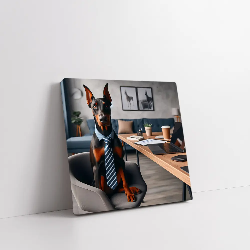 Doberman Pinscher Wearing Tie Office Setting – Wall Art