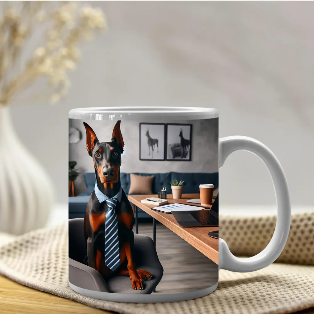 Doberman Pinscher Wearing Tie Office Setting – Mugs