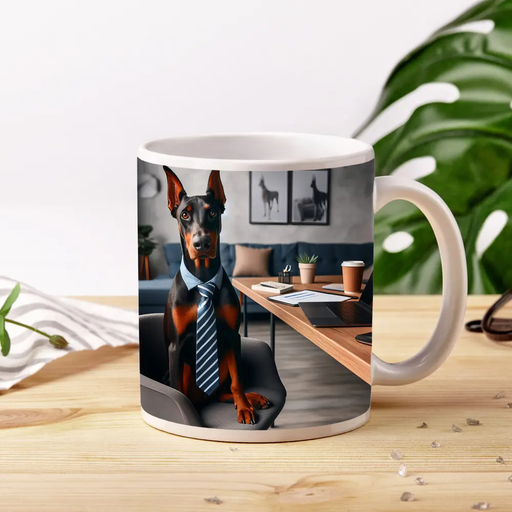 Doberman Pinscher Wearing Tie Office Setting – Mugs