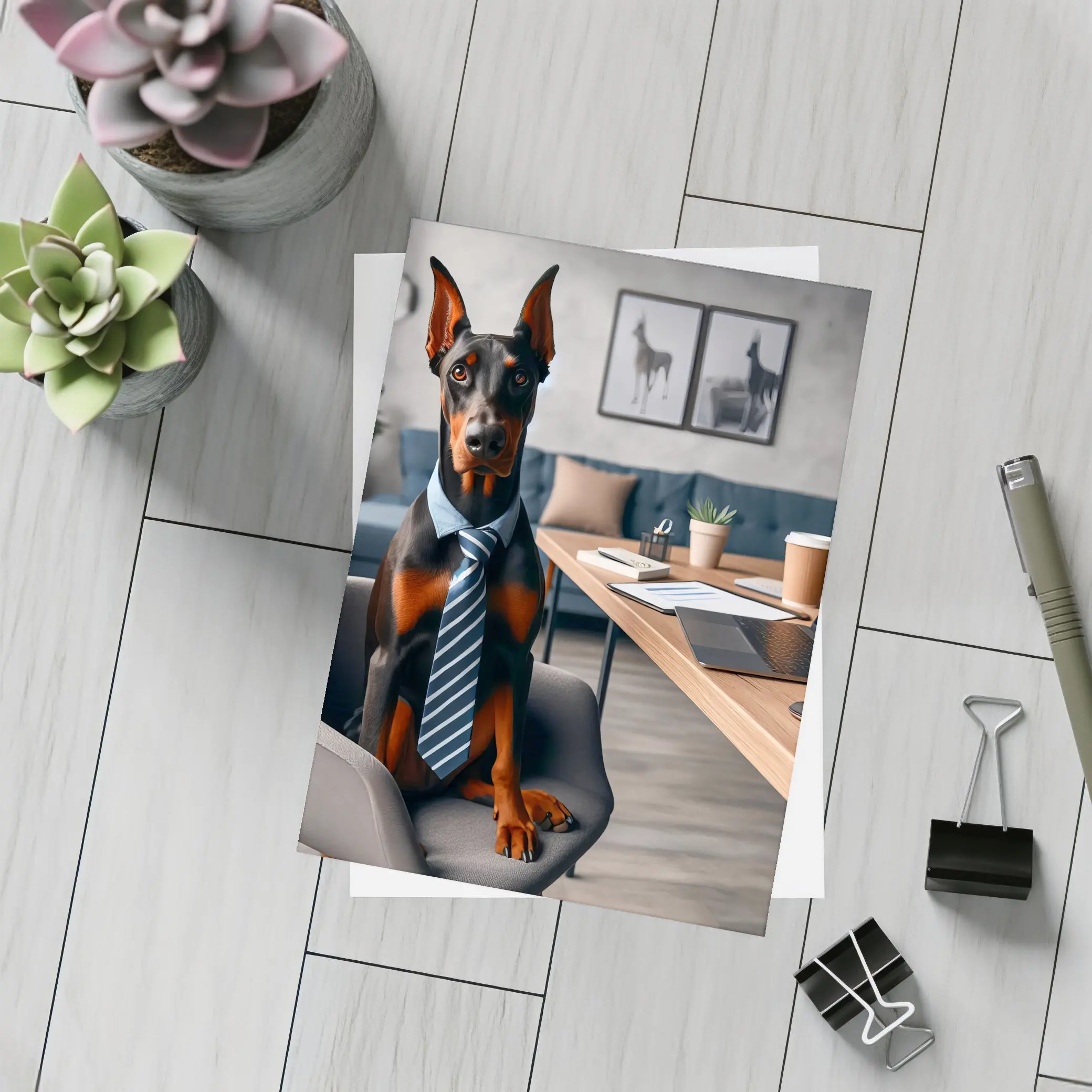 Doberman Pinscher Wearing Tie Office Setting – Postcards