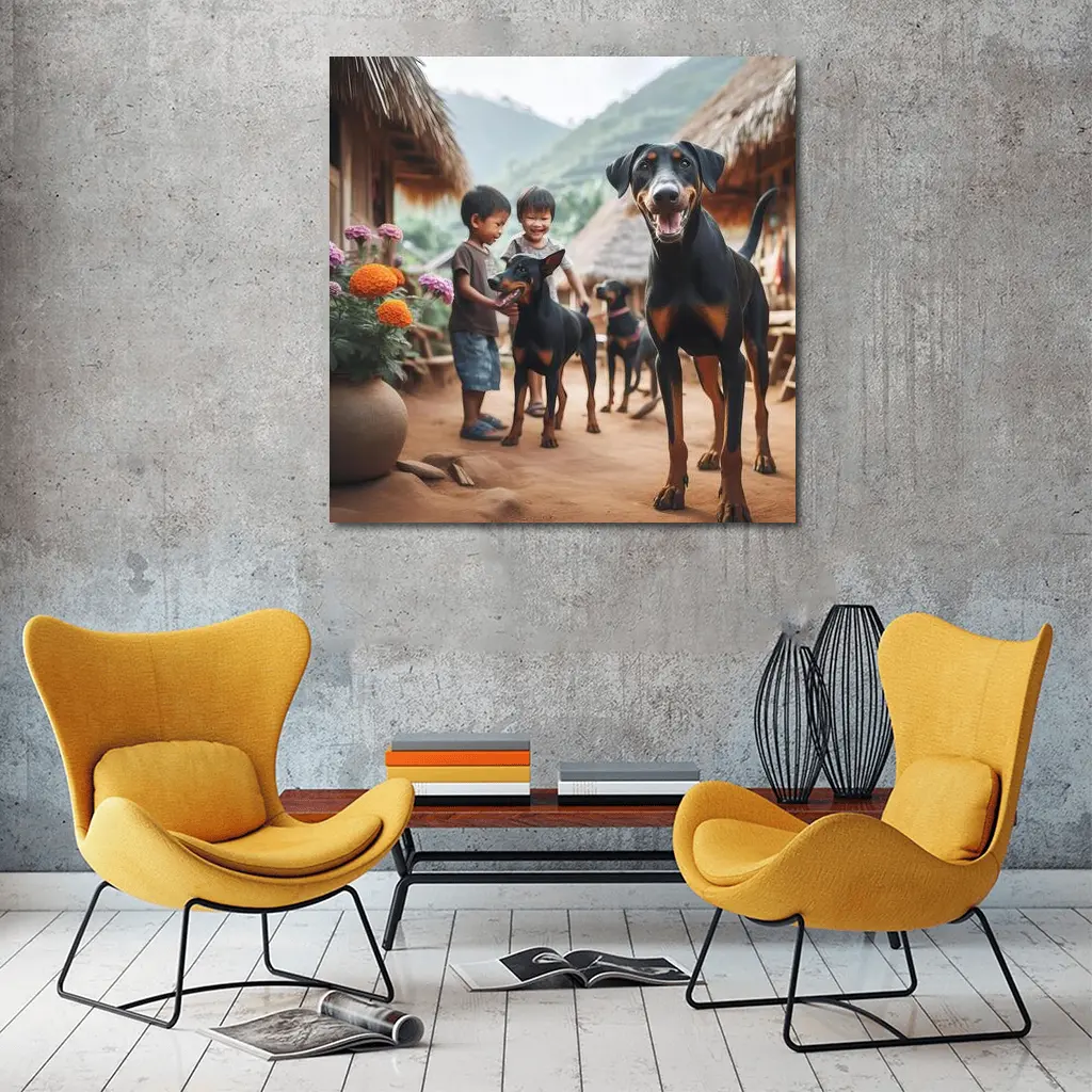 Doberman Pinscher Dogs Village Kids Playing – Wall Art