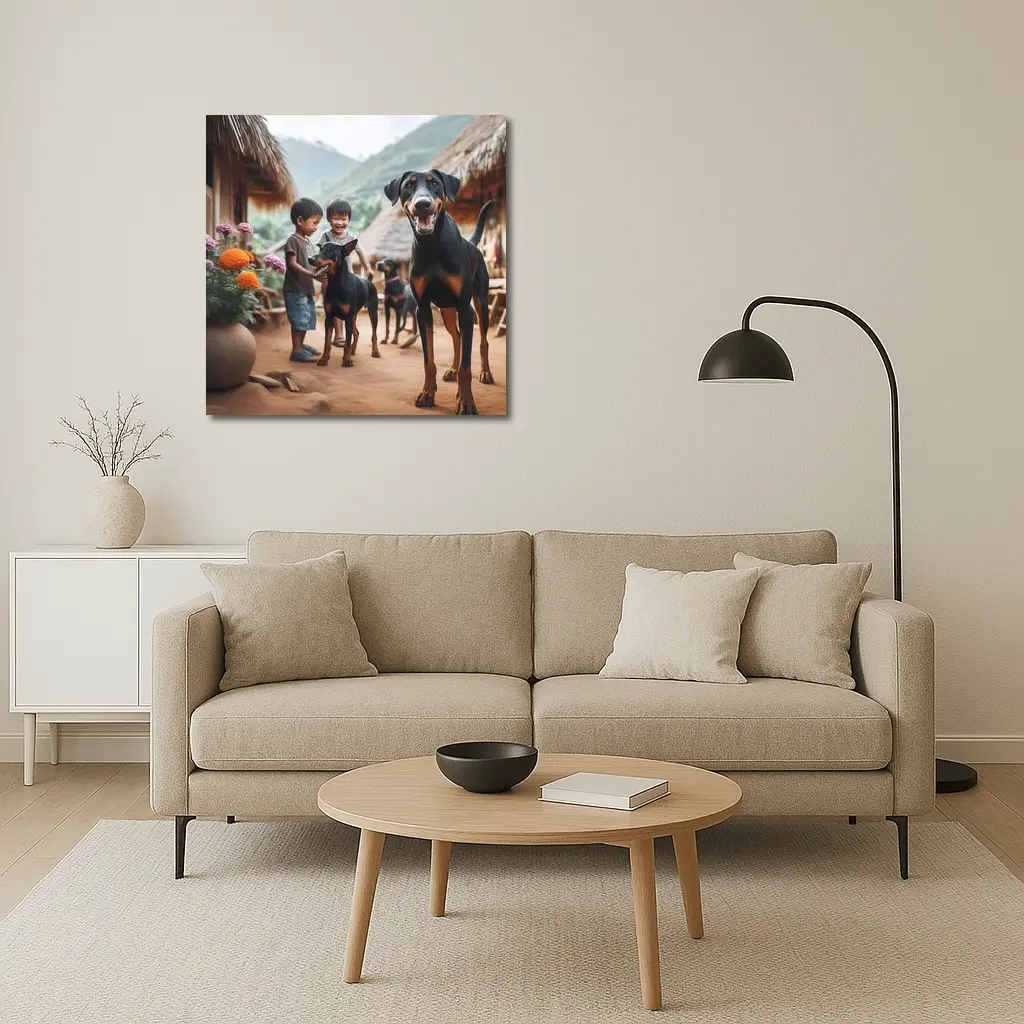 Doberman Pinscher Dogs Village Kids Playing – Wall Art
