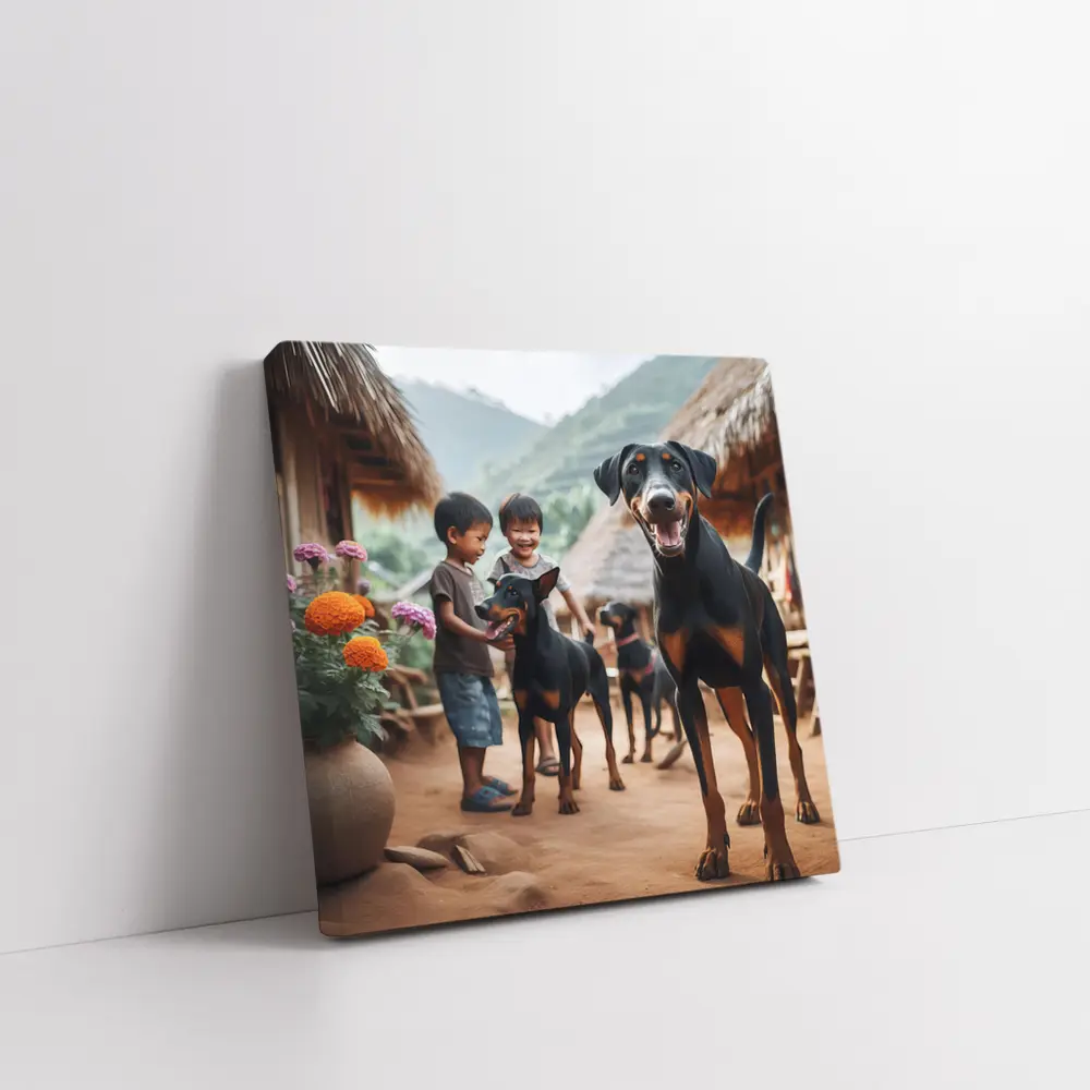 Doberman Pinscher Dogs Village Kids Playing – Wall Art