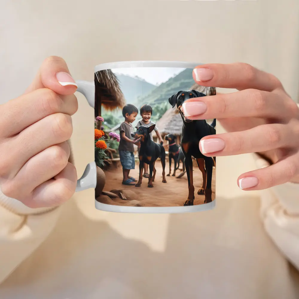 Doberman Pinscher Dogs Village Kids Playing – Mugs