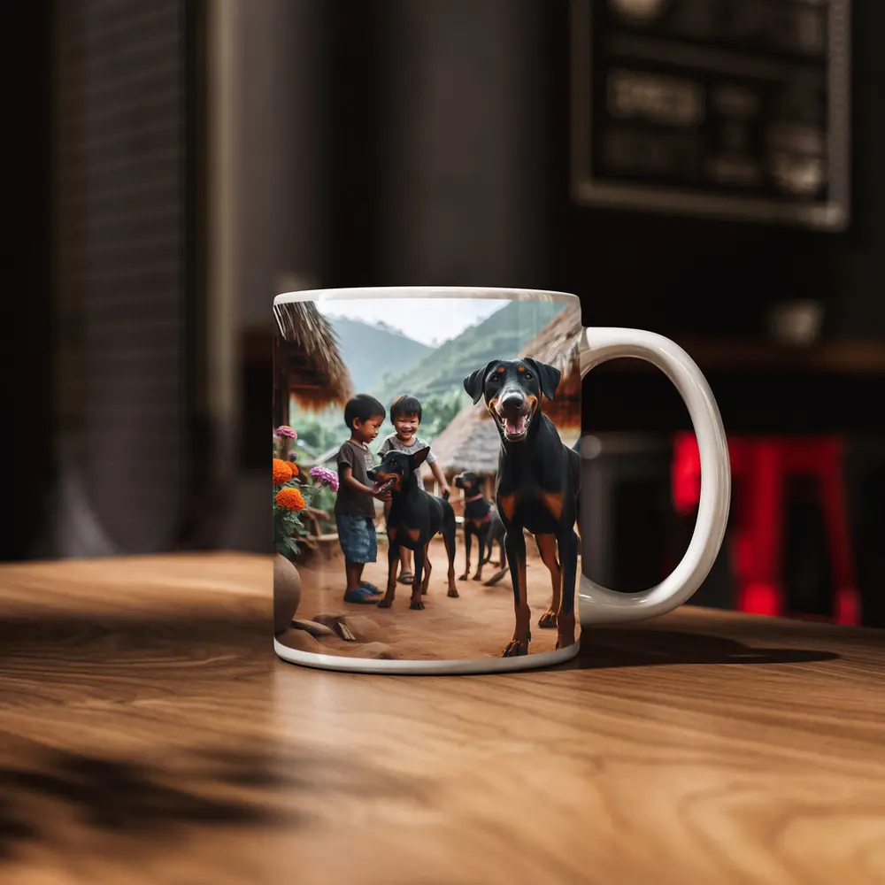 Doberman Pinscher Dogs Village Kids Playing – Mugs
