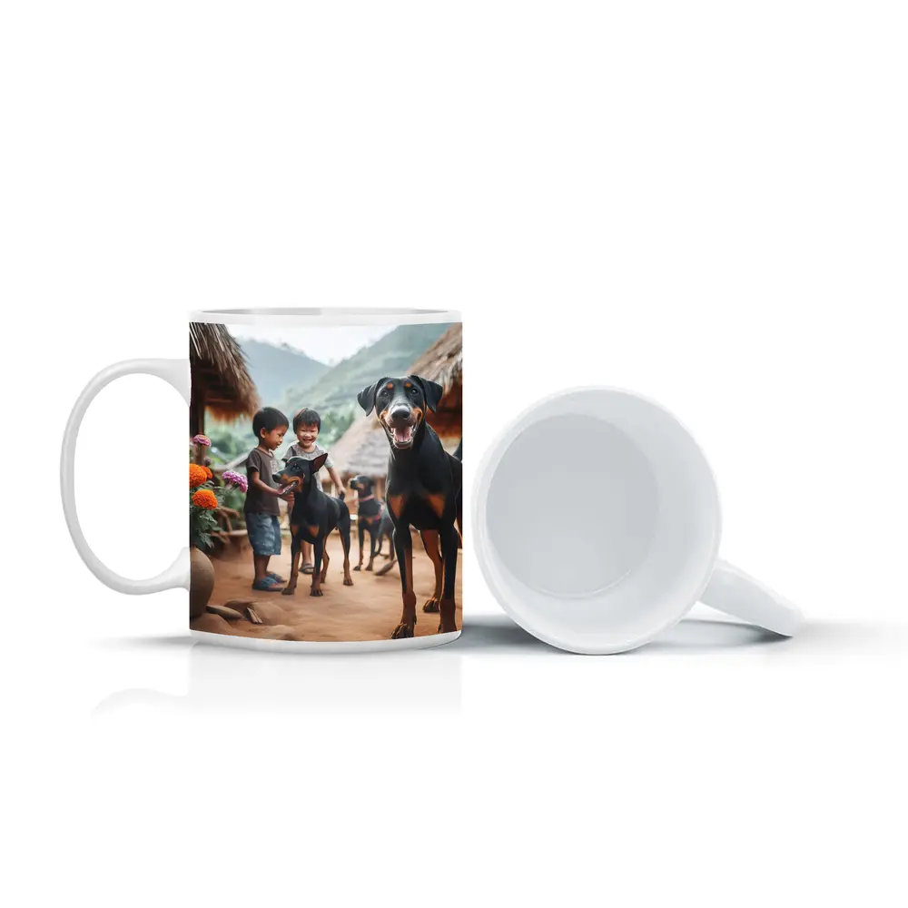 Doberman Pinscher Dogs Village Kids Playing – Mugs