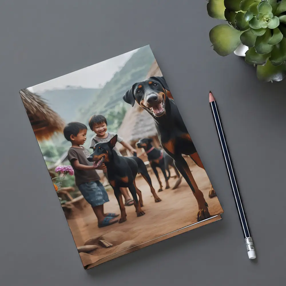 Doberman Pinscher Dogs Village Kids Playing – Notebooks