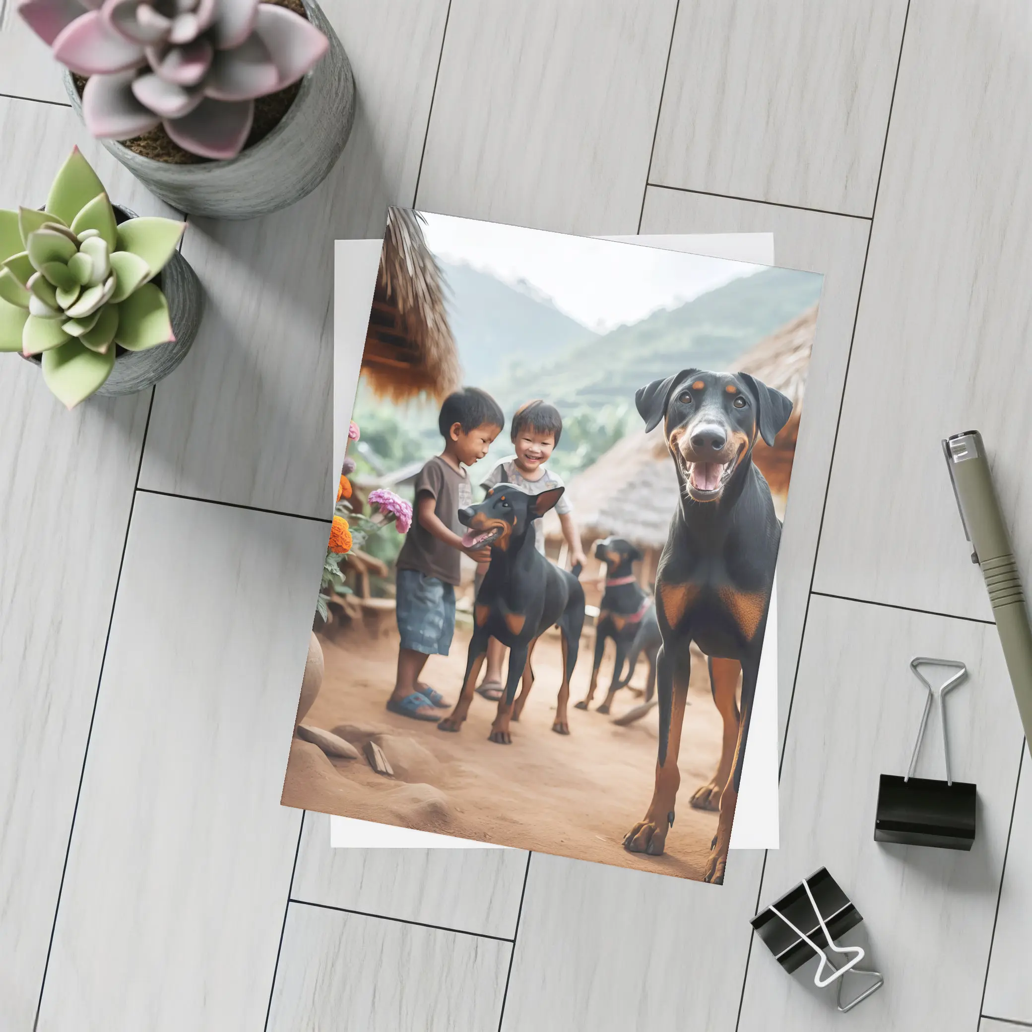 Doberman Pinscher Dogs Village Kids Playing – Postcards
