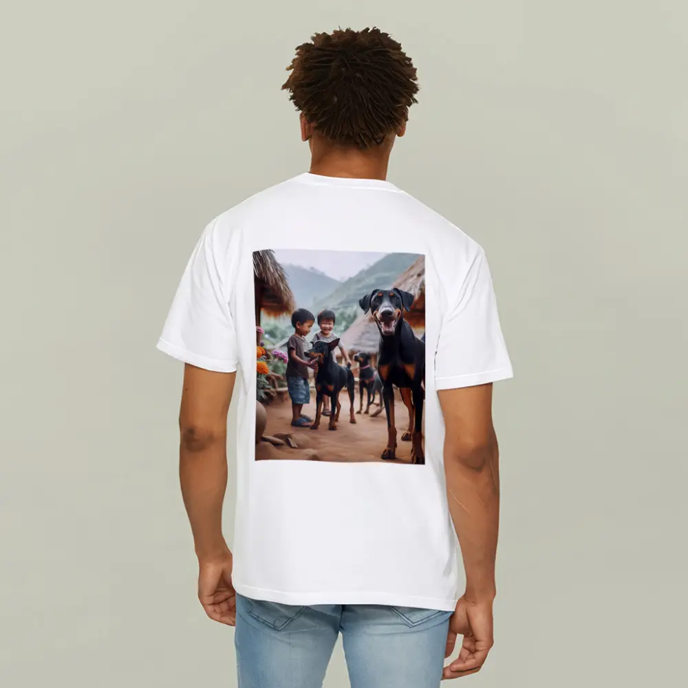 Doberman Pinscher Dogs Village Kids Playing – T-Shirts
