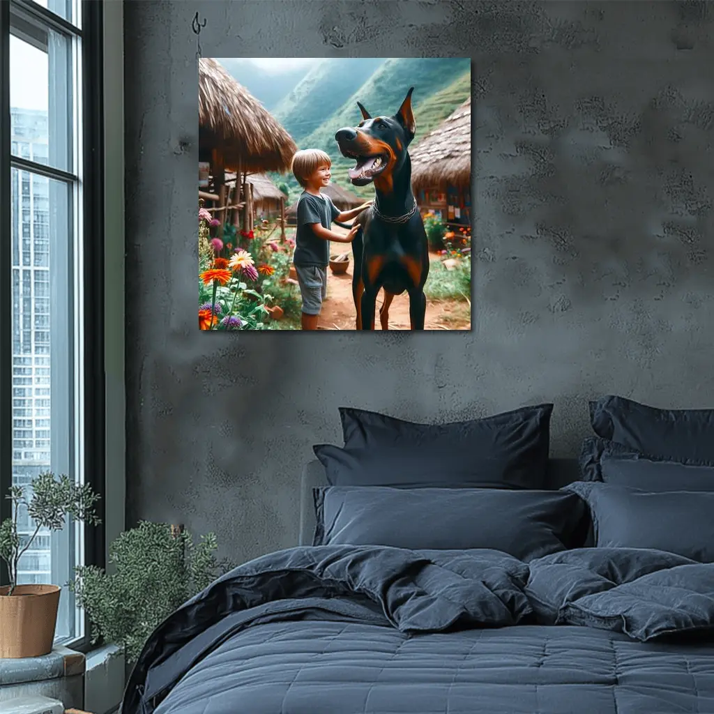 Boy With Doberman Village Mountain Background – Wall Art