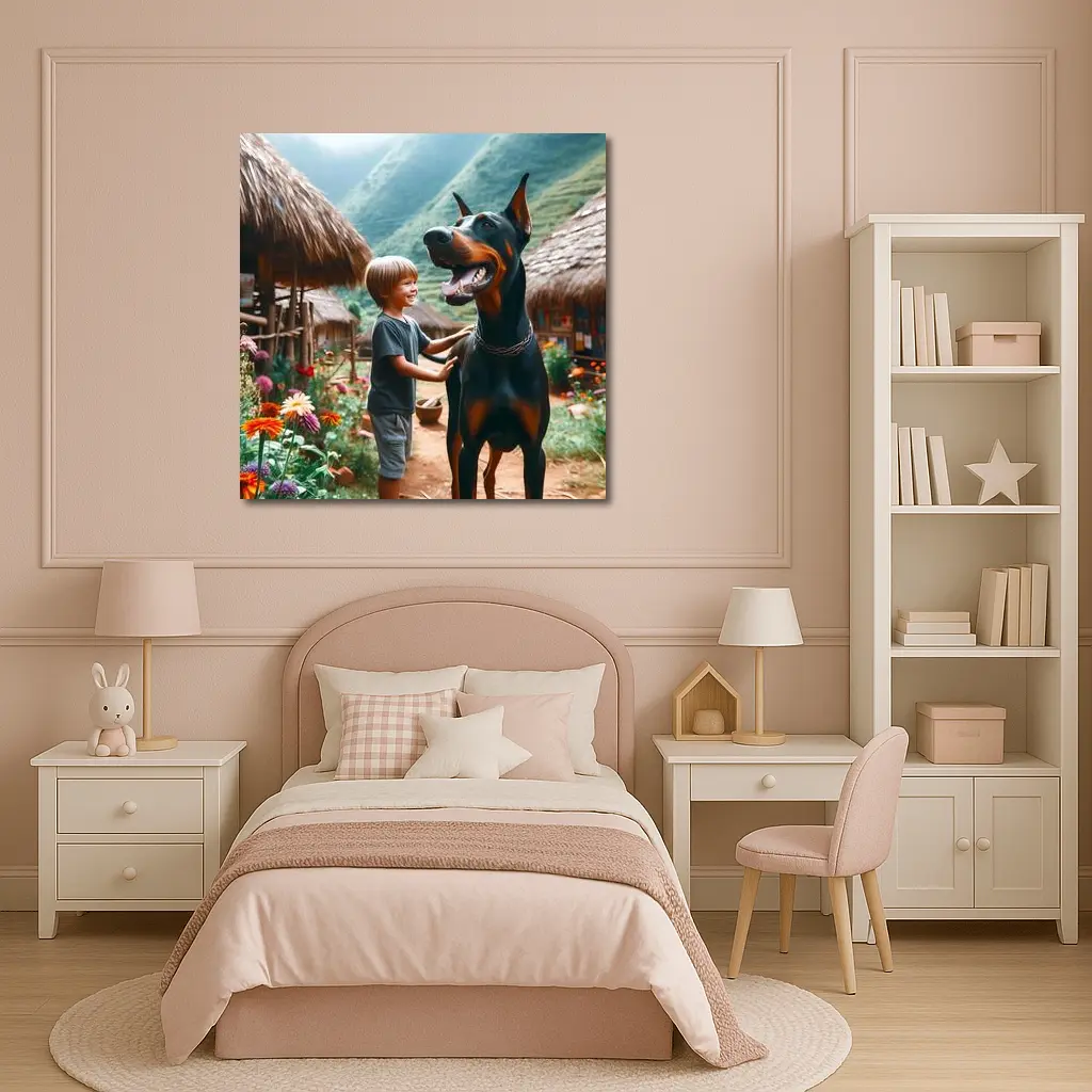 Boy With Doberman Village Mountain Background – Wall Art