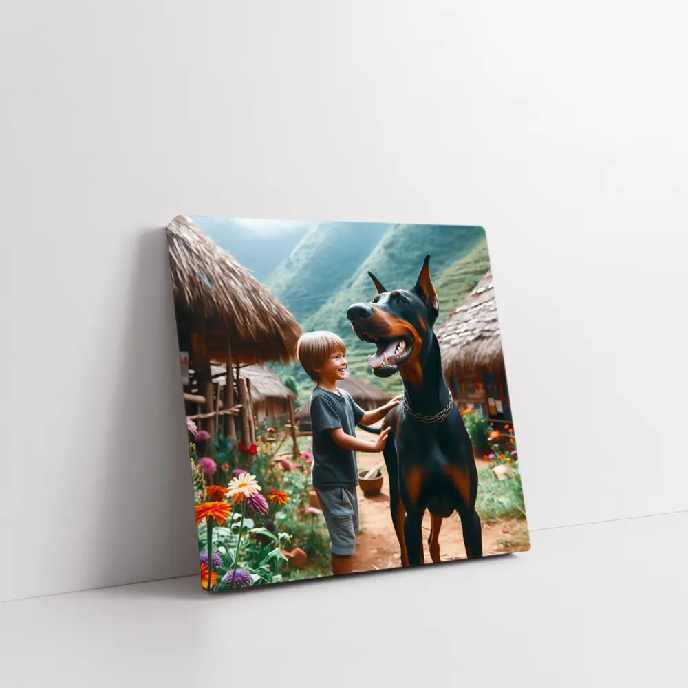 Boy With Doberman Village Mountain Background – Wall Art