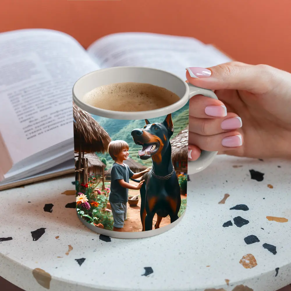 Boy With Doberman Village Mountain Background – Mugs