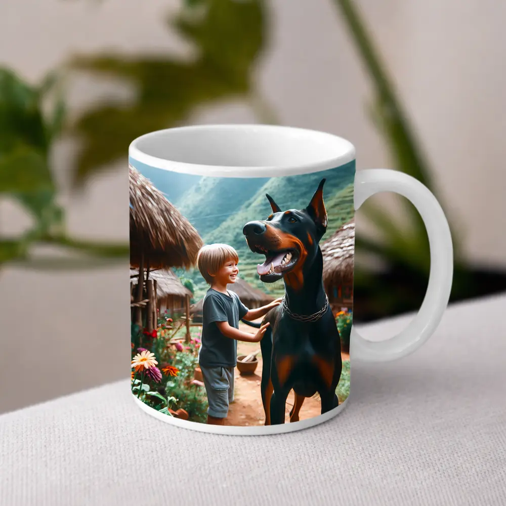 Boy With Doberman Village Mountain Background – Mugs