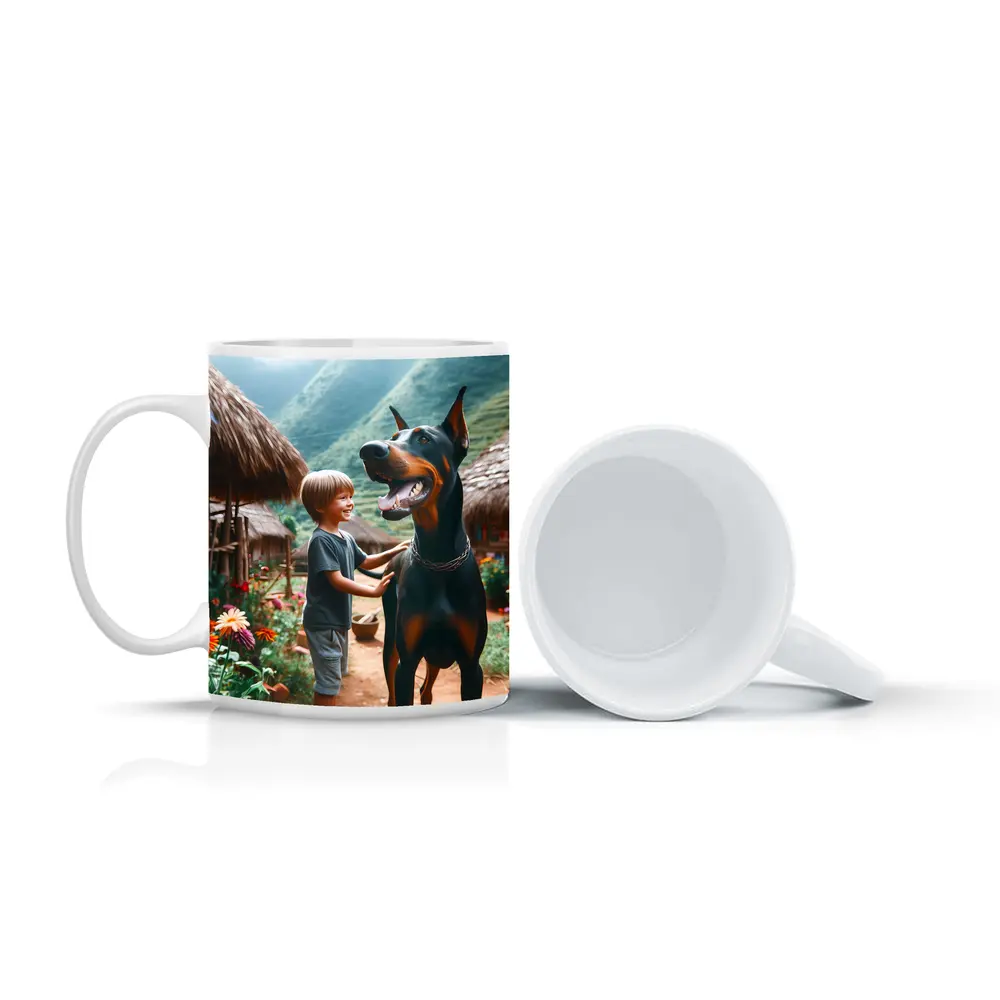 Boy With Doberman Village Mountain Background – Mugs