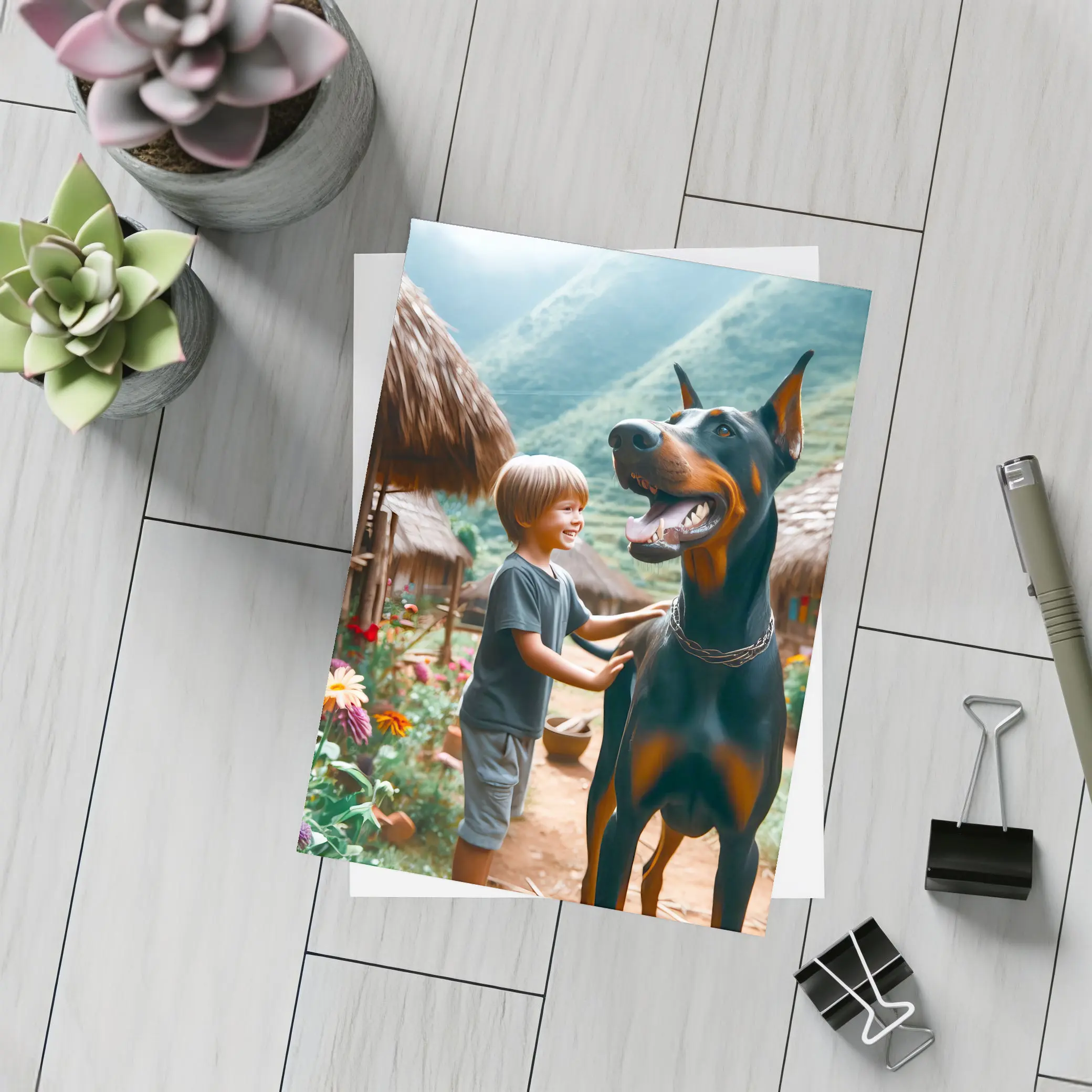 Boy With Doberman Village Mountain Background – Postcards