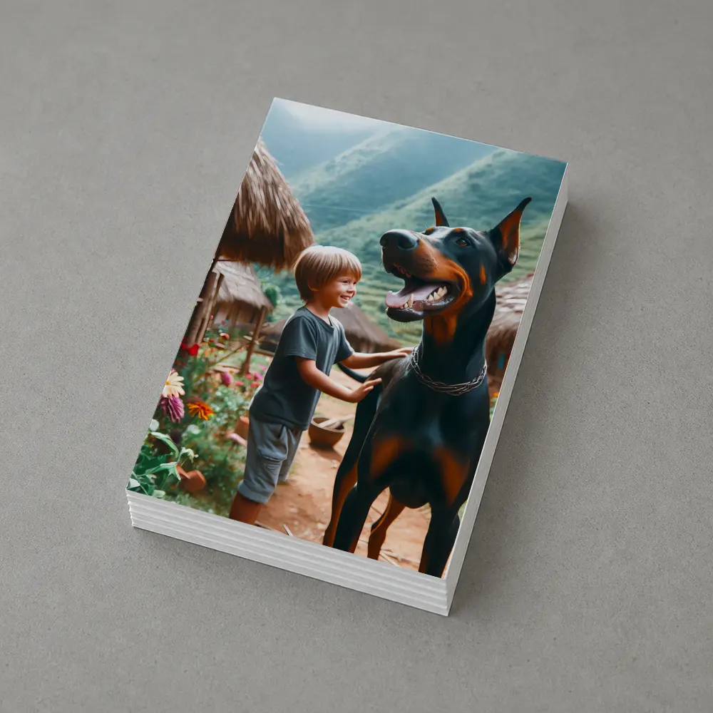 Boy With Doberman Village Mountain Background – Postcards