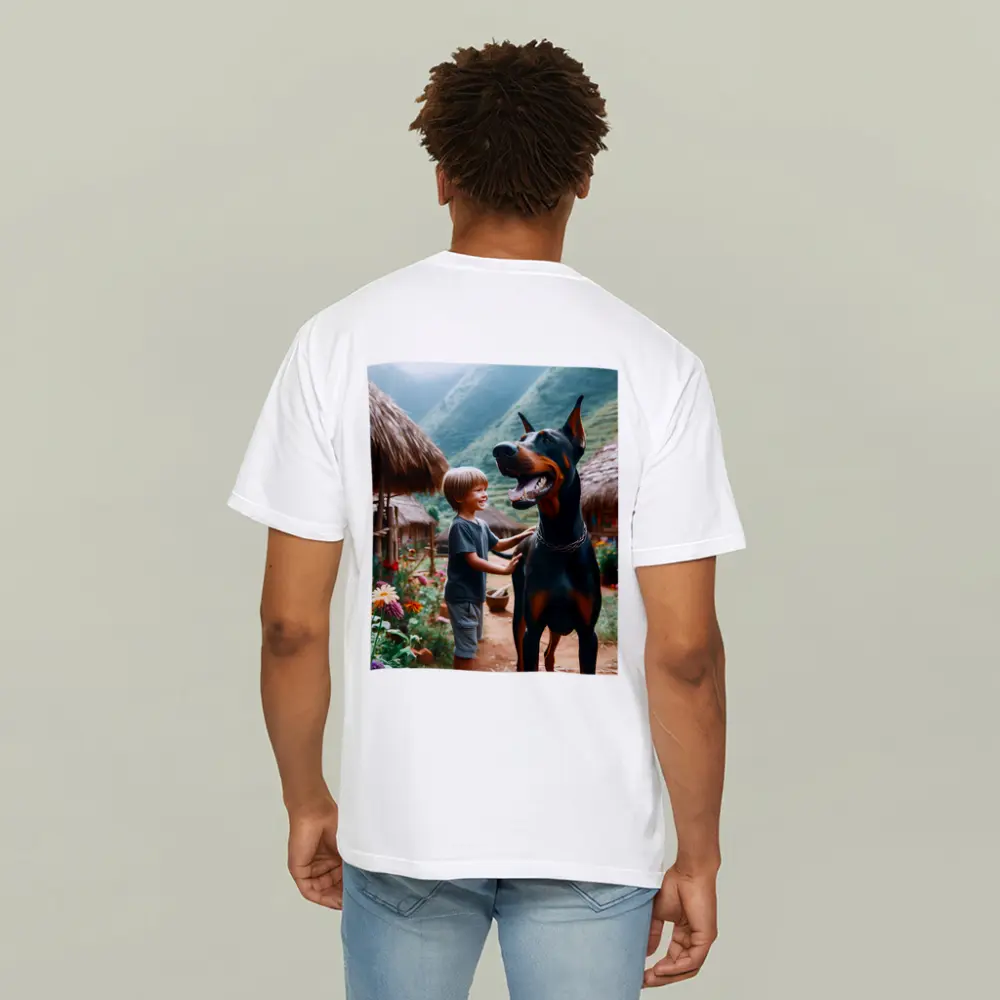 Boy With Doberman Village Mountain Background – T-Shirts