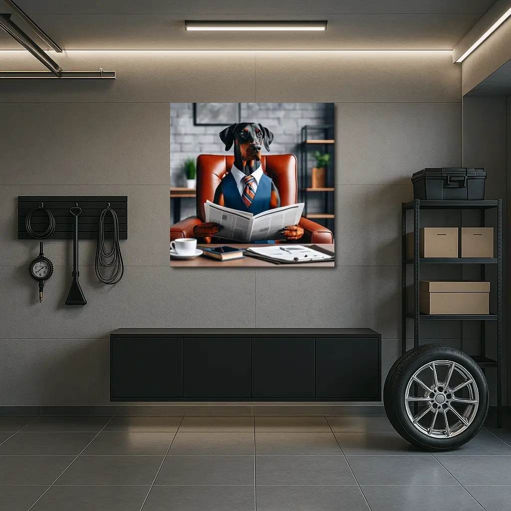 Doberman Pinscher Boss Reading Newspaper Office – Wall Art