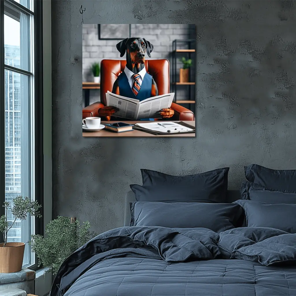 Doberman Pinscher Boss Reading Newspaper Office – Wall Art