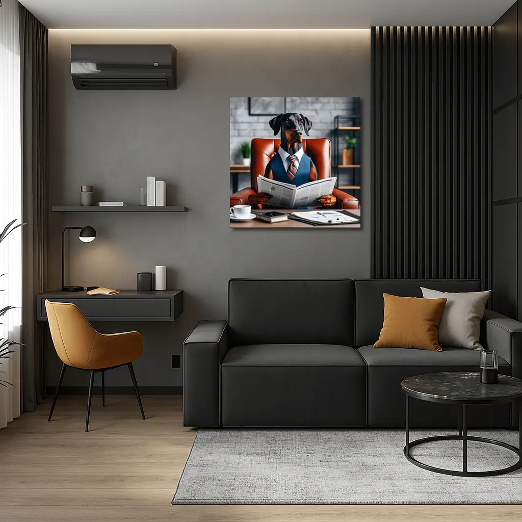 Doberman Pinscher Boss Reading Newspaper Office – Wall Art