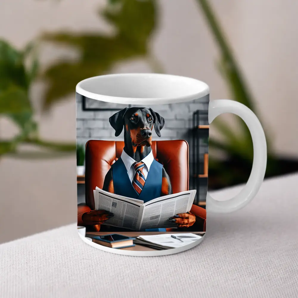 Doberman Pinscher Boss Reading Newspaper Office – Mugs