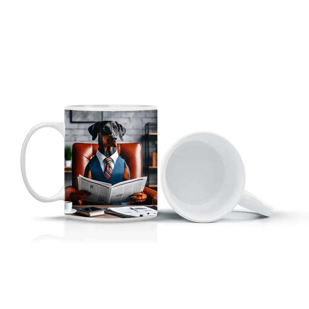 Doberman Pinscher Boss Reading Newspaper Office – Mugs