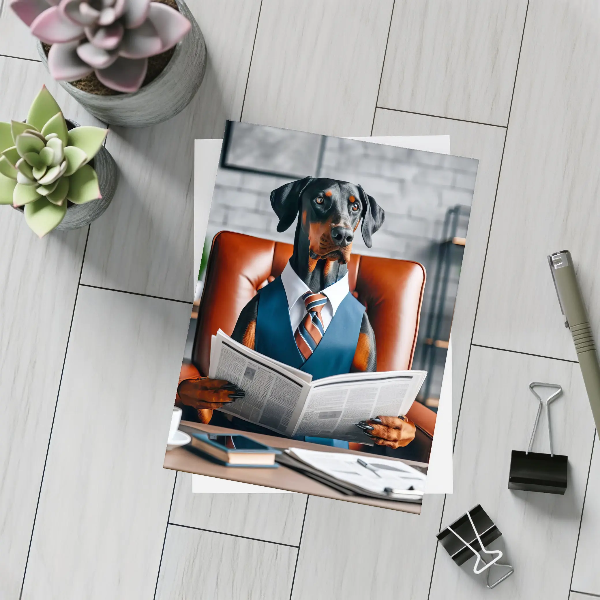 Doberman Pinscher Boss Reading Newspaper Office – Postcards