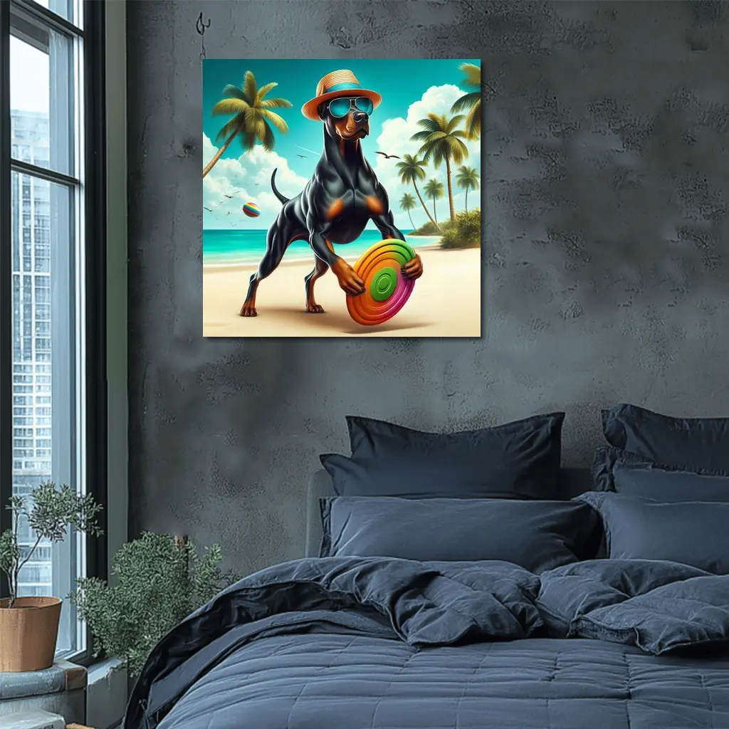Doberman Pinscher Beach Frisbee Summer Fun – Wall Art