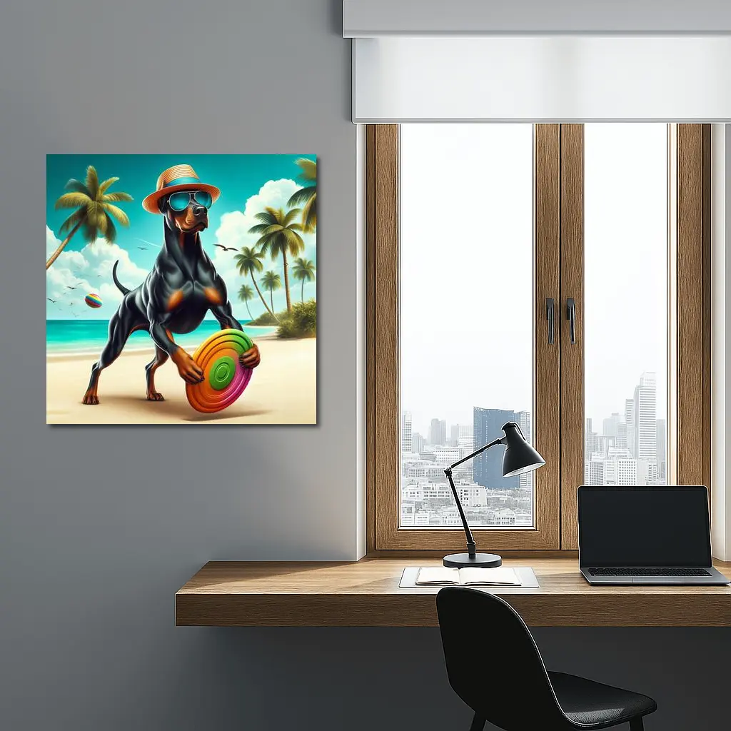 Doberman Pinscher Beach Frisbee Summer Fun – Wall Art