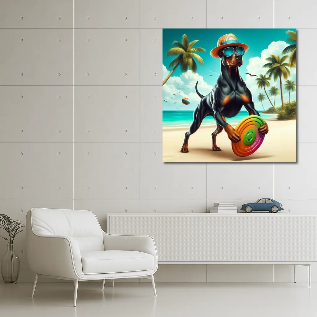Doberman Pinscher Beach Frisbee Summer Fun – Wall Art