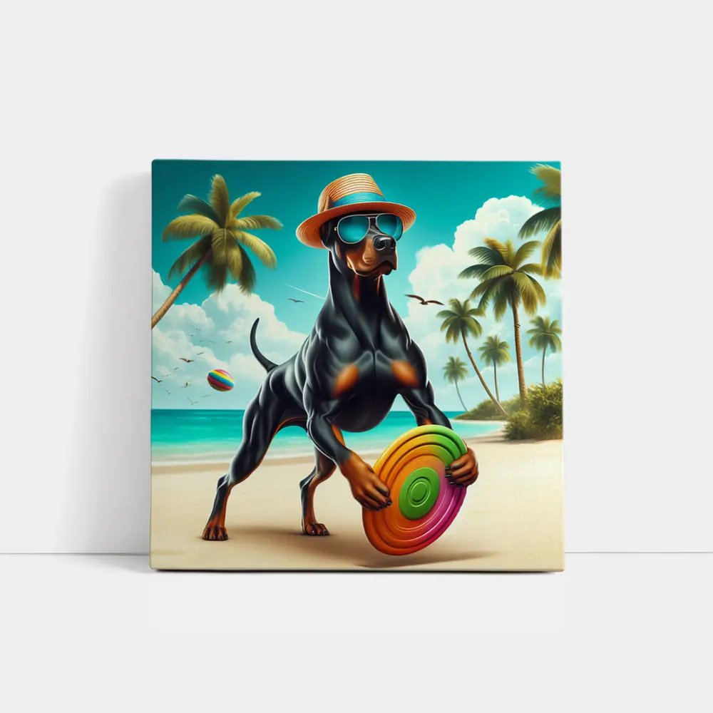 Doberman Pinscher Beach Frisbee Summer Fun – Wall Art