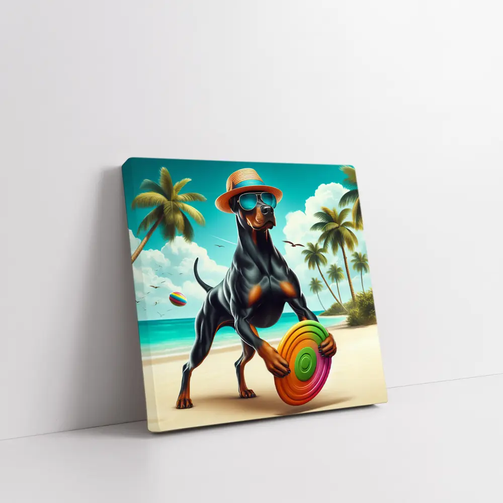 Doberman Pinscher Beach Frisbee Summer Fun – Wall Art