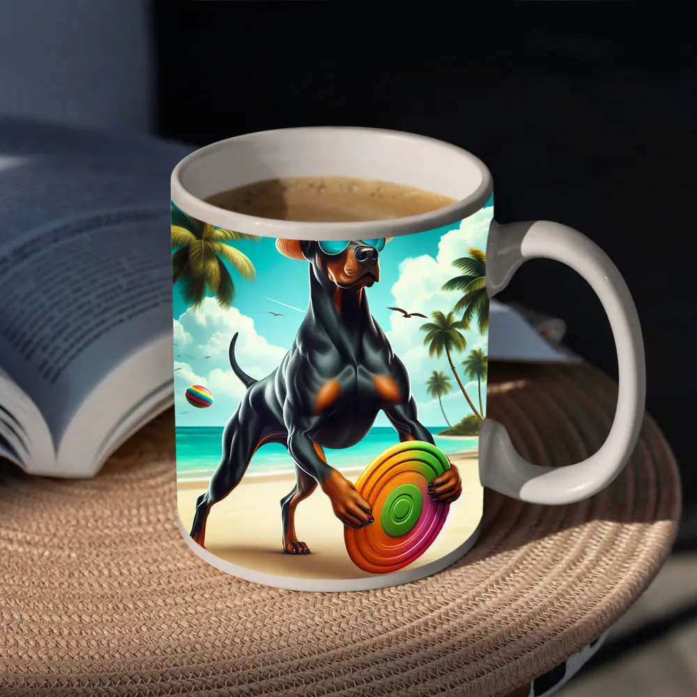 Doberman Pinscher Beach Frisbee Summer Fun – Mugs