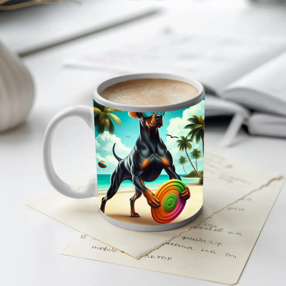 Doberman Pinscher Beach Frisbee Summer Fun – Mugs