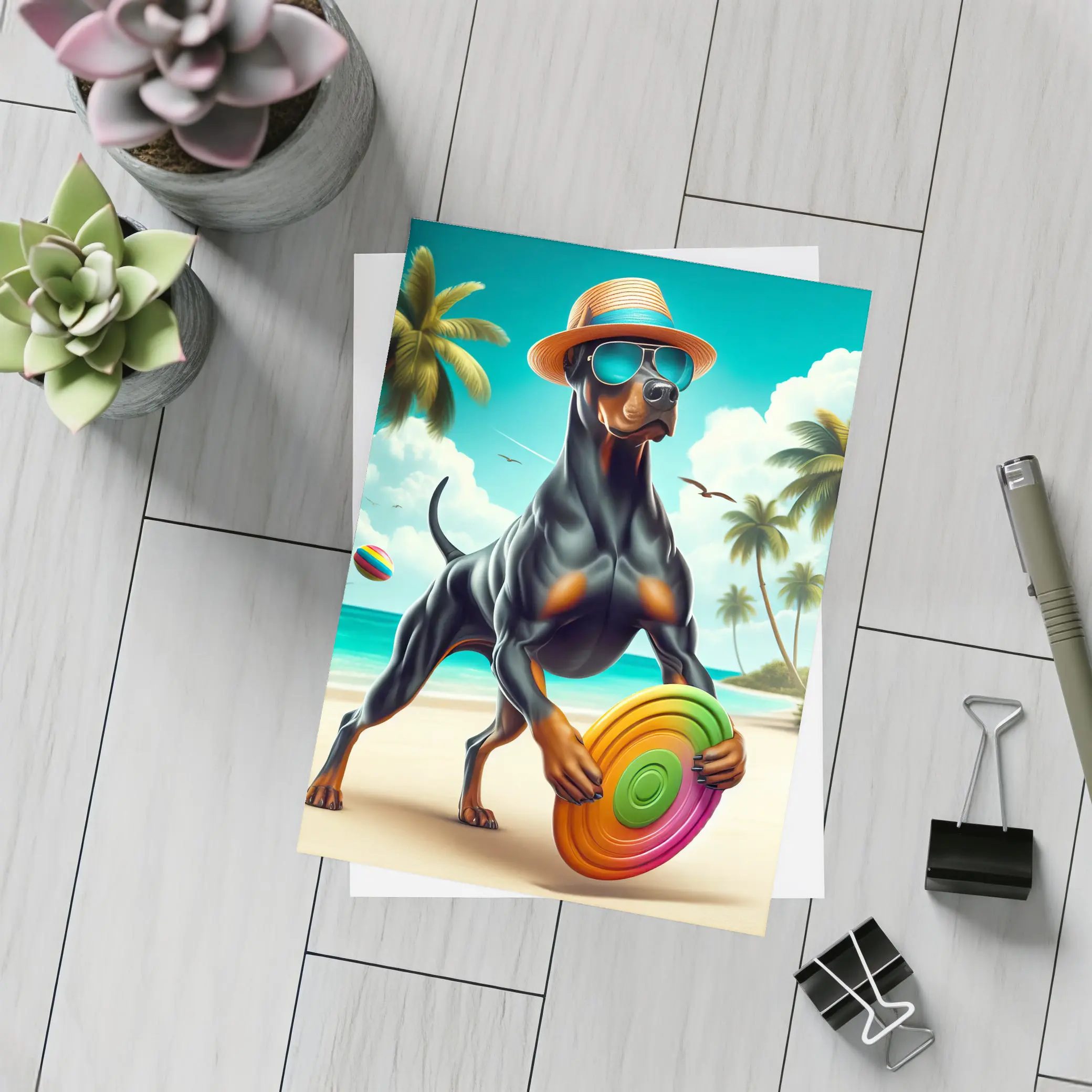 Doberman Pinscher Beach Frisbee Summer Fun – Postcards