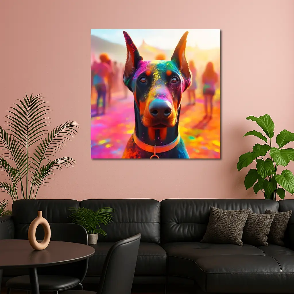 Doberman Covered in Colorful Holi Powder – Wall Art