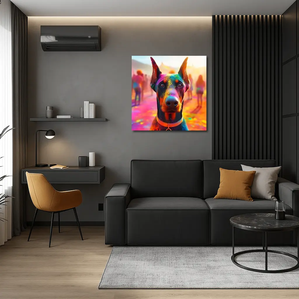 Doberman Covered in Colorful Holi Powder – Wall Art