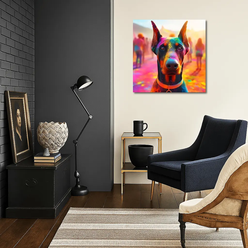 Doberman Covered in Colorful Holi Powder – Wall Art