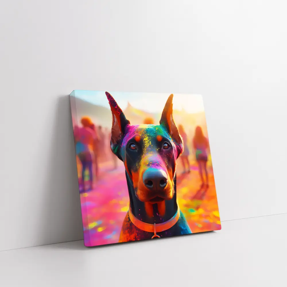 Doberman Covered in Colorful Holi Powder – Wall Art